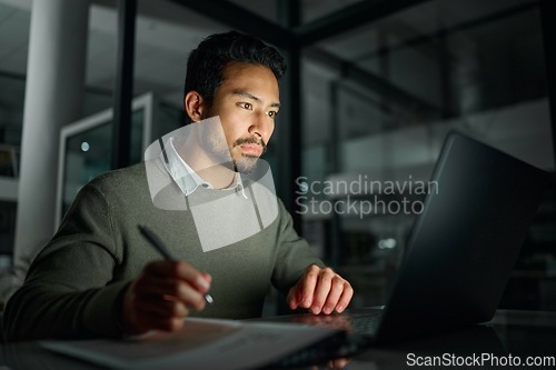 Image of Business man, laptop and writing notes in office while working on project deadline at night. Overtime, planning or male employee write information on paper for research on computer in dark workplace.