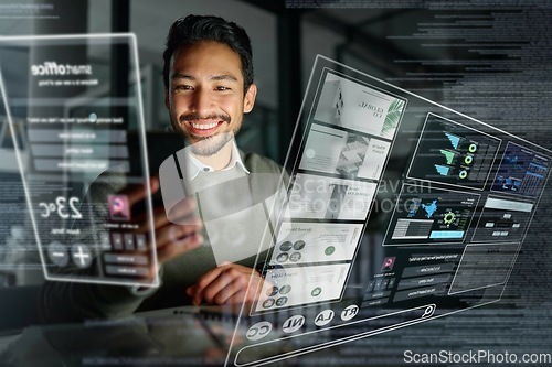Image of Phone, hologram or man on trading dashboard with a happy smile for financial investments or stocks online. Future overlay or trader with digital ui or ux on financial app for profit growth at night