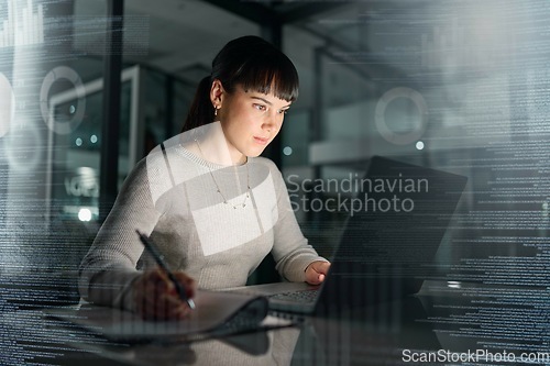 Image of Businesswoman, laptop and writing analytics at night for planning, documents or online research at office. Female employee with computer in analysis, strategy or project plan on dark digital overlay