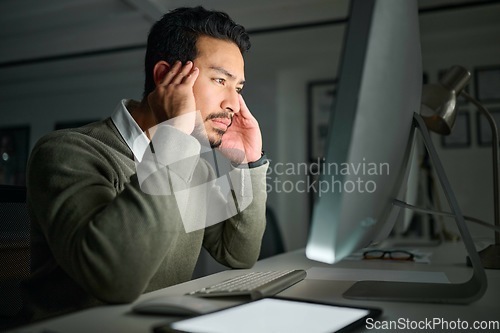Image of Business man, computer stress and headache in office while working on project deadline at night. Mental health, burnout and male employee on pc with anxiety, depression or migraine in dark workplace.