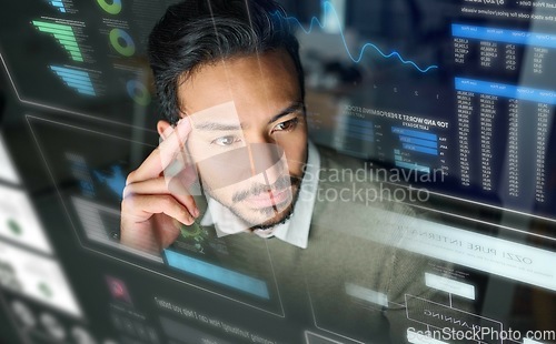 Image of Dashboard, stock market screen or man thinking of trading data, investment strategy or stocks analytics. Ideas, ai analysis or thoughtful trader with digital ui or ux for financial growth at night