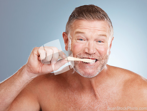 Image of Portrait, mouth or old man brushing teeth with dental toothpaste for healthy oral hygiene grooming in studio. Eco friendly, funny or senior person cleaning with a natural bamboo wood toothbrush