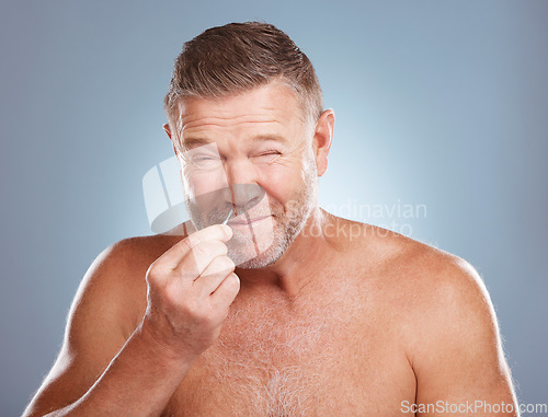 Image of Tweezer, grooming and man in a studio for a hair removal, skincare and cosmetic face routine. Self care, epilation and mature male model doing facial plucking for hygiene treatment by gray background