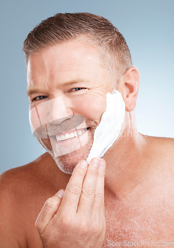 Image of Shaving, cream and portrait of old man in studio for skincare, grooming and beauty on grey background. Face, foam and hair removal for mature model relax with luxury, skin and product while isolated