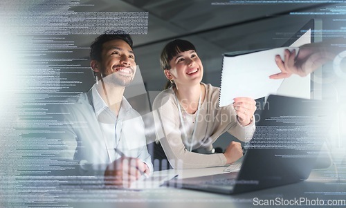 Image of Information technology, overlay and team with documents on laptop for tech development, programming and coding. Networking, developer and man and woman smile with paperwork, project and data report