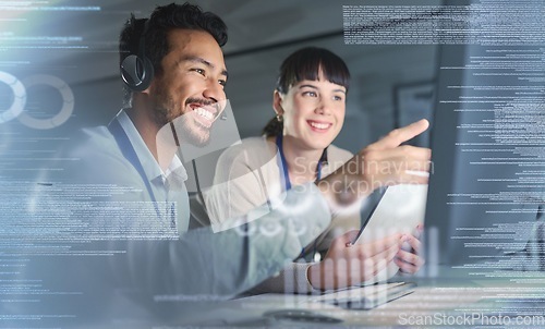 Image of Call center, customer support overlay and team on computer for telemarketing, crm tech and networking. Communication hologram, contact us and man and woman working online, consulting and help client