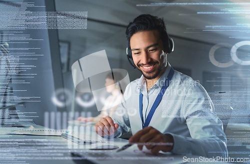 Image of Call center, customer support overlay and man with smile for contact us, telemarketing and crm network. Communication, digital hologram and male working on computer, writing notes and consulting