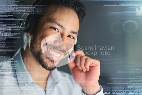 Image of Call center, overlay and portrait of man for customer support, telemarketing and crm networking. Communication hologram, contact us and face of consultant smile for help, friendly service and trust