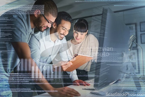 Image of Business people, coding and information technology with computer screen and tablet, programming and software development. Code overlay, futuristic and collaboration, meeting with programmer team