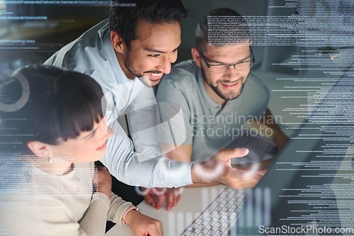 Image of Business people, coding team and information technology with computer screen, programming and software development. Code overlay, futuristic and collaboration, meeting with programmer group in office