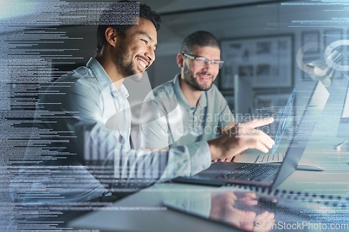 Image of Teamwork, laptop hologram and people with data analytics, cyber security research and cloud computing. Coding, programming and developer business men with software strategy, planning in night overlay