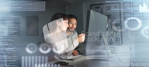 Image of Information technology, computer hologram and people stock market research, statistics and graph or chart analysis. Trading, digital overlay or software of team work, fintech data analytics at night