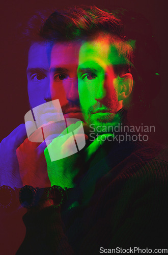 Image of Man, face and double exposure with portrait, fashion with watch and neon overlay isolated on studio background. Color, creative aesthetic and style, art and cosmetics, dark with special effects