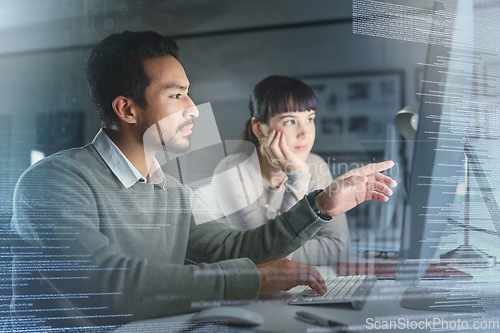 Image of Business people, coding with partnership and information technology, computer and collaboration, code overlay. Software development, team meeting with solution and thinking, man with woman and focus
