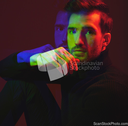 Image of Man, face and double exposure with portrait, abstract with neon lighting and fashion with overlay isolated on studio background. Color, creative aesthetic and style, art and cosmetics with reflection