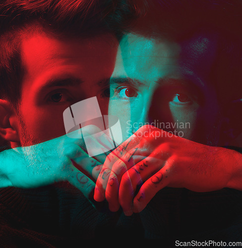 Image of Man, face and hands with double exposure, portrait with neon lighting and fashion overlay, dark with special effects. Color, creative aesthetic and style, art and cosmetics with reflection