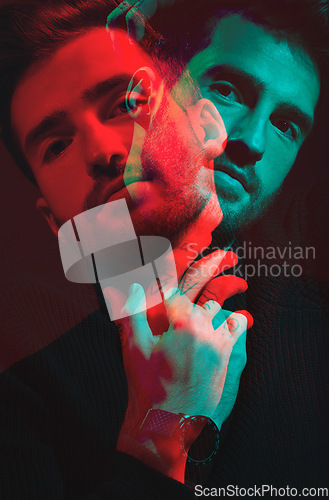 Image of Man, face and double exposure with portrait, neon lighting and fashion with overlay isolated on studio background. Color, creative aesthetic and style, art and cosmetics, dark with special effects