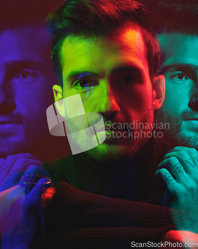 Image of Man, face and double exposure with portrait on dark background, fashion and neon light overlay isolated in studio. Color, creative aesthetic and style, art and reflection with special effects