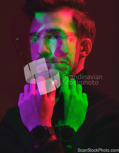 Image of Thinking, neon double exposure and face of man isolated in dark studio for vision, leadership and idea. Fashion model, creative art aesthetic and confident male in elegant, classy and stylish clothes