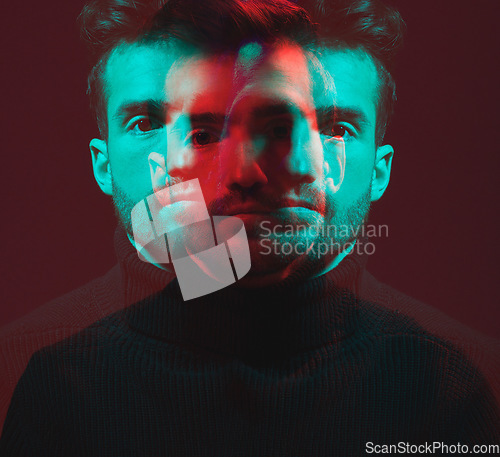 Image of Neon lighting, double exposure and portrait of man isolated in studio for art, identity and confidence. Fashion, creative aesthetic and male model face with elegant, classy and stylish clothes