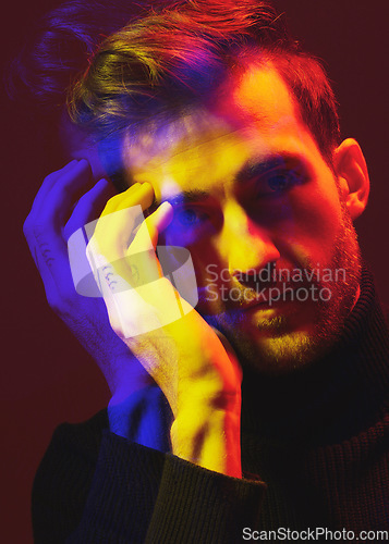 Image of Double exposure, color and portrait of a man with overlay isolated on a dark background in studio. Texture, design and face of a man with colorful art, creativity and futuristic person on a backdrop