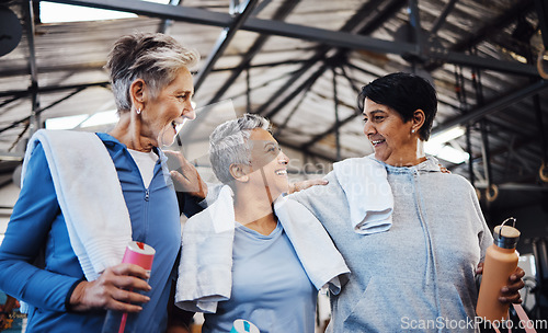 Image of Support, fitness and friends with senior women for training, health and motivation. Retirement, wellness and exercise with group of people in gym center for workout, cardio and happiness together