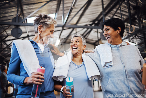 Image of Sports, fitness and health with senior women for training, support and motivation. Retirement, wellness and exercise with group of friends in gym center for workout, cardio and happiness together