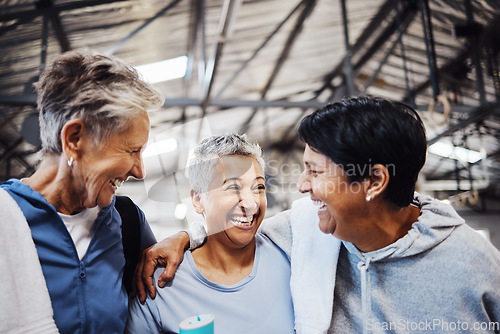 Image of Teamwork, sports and fitness with senior women for training, support and motivation. Retirement, wellness and exercise with group of friends in gym center for workout, cardio and happiness together