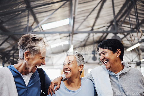 Image of Friends, support and fitness with senior women for training, health and motivation. Retirement, wellness and exercise with group of people in gym center for workout, cardio and happiness together