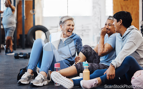 Image of Gym, laughing and group of mature women telling joke after fitness class, conversation and comedy on floor. Exercise, bonding and happy senior woman with friends sitting chatting together at workout.
