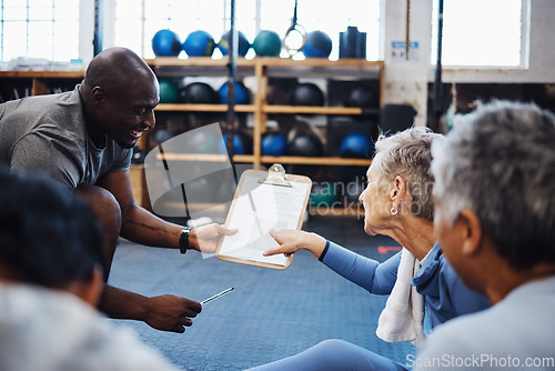 Image of Senior friends, fitness and gym personal trainer contract with elderly women ready for wellness. Sports checklist, exercise list and workout group with happiness and smile in sport training gym