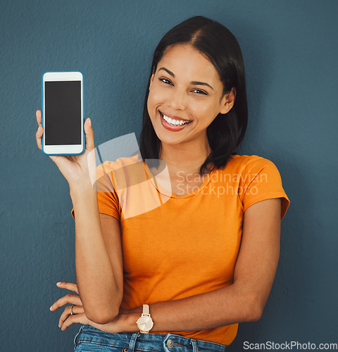 Image of Woman, happy portrait and phone screen mockup for advertising website, network or contact on internet. Face of person with smartphone for ux promotion, about us and display on web for brand or logo