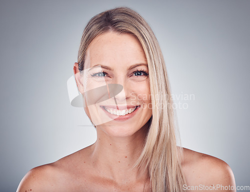 Image of Woman, portrait and happy with hair and beauty, hairstyle cosmetic care and smile isolated on studio background. Makeup, natural cosmetics and keratin treatment, dermatology and shine with skincare