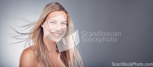 Image of Beauty, hair care and woman portrait with space for mockup in studio with natural makeup cosmetics. Face of aesthetic model person on a grey background for hairdresser or salon shampoo for shine