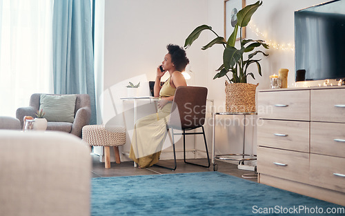 Image of Black woman, pregnant and phone call sitting on chair in relax for maternity leave or communication at home. African American female relaxing and holding stomach talking on smartphone in conversation