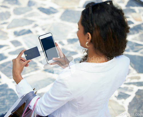 Image of Woman, hands and phone with credit card for ecommerce, online shopping or purchase on mockup outside. Happy female with 5G connection, banking app or buying on mobile smartphone with debit account