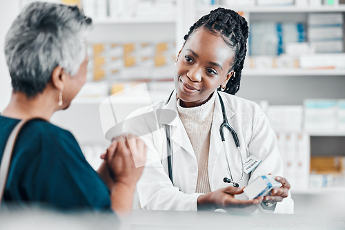 Image of Help, medicine or old woman consulting with a pharmacist for retail healthcare treatment information. Questions, trust or doctor helping a sick senior person shopping for pills or medical drugs