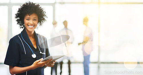 Image of Black woman, doctor and portrait with tablet on banner, mockup space and bokeh background. Happy healthcare worker, digital technology and planning medical innovation, telehealth app and online trust