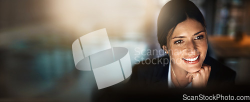 Image of Business woman, lawyer and smile on computer in library for knowledge, wisdom or consultant on mockup. Happy female studying legal law, HR or financial management on PC in book store for consulting