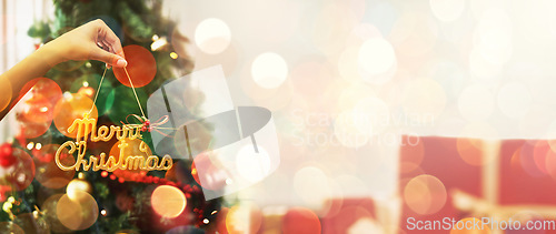 Image of Christmas, celebration and tree decoration for holiday with mockup space and bright lights or lens flare. Jolly, Xmas and festive decor by hand at a party in December in winter and presents or gifts