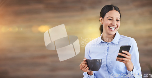 Image of Business woman on phone, coffee break in office and relax with wifi network on mockup space. Happy professional person smiling, texting online with social media and typing message on smartphone