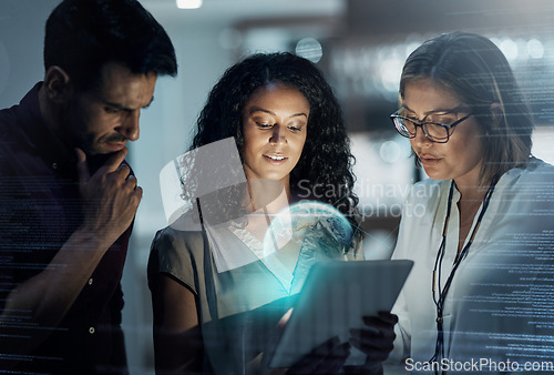 Image of Hologram, programmer and business team planning global internet connection or innovation of technology in the night. Coding, IT and corporate people teamwork with a tablet working on website or web