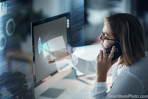 Image of Fingerprint, computer hologram and woman in digital overlay for night password, cybersecurity biometrics and phone call. Future technology, futuristic software and app monitor of person on smartphone