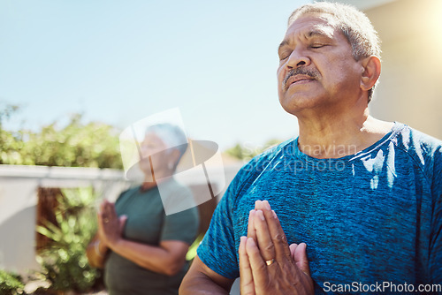 Image of Senior couple, meditation and fitness exercise for wellness, zen and relax in garden, peace and calm. Health, workout and elderly man with woman in yard for training, meditating and cardio in Mexico