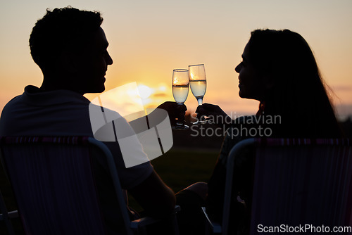 Image of Couple, toast and sunset love of people silhouette with champagne glasses outdoor. Happy, alcohol and valentines day celebration in nature with cheers together on a date with happiness on anniversary