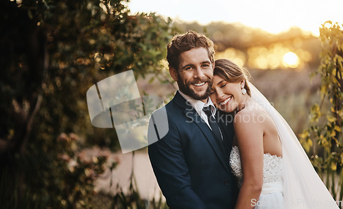 Image of Love, couple and outdoor for wedding day, smile and celebration with romance, loving and bonding. Romantic, man and happy woman with achievement, marriage and countryside for party and commitment