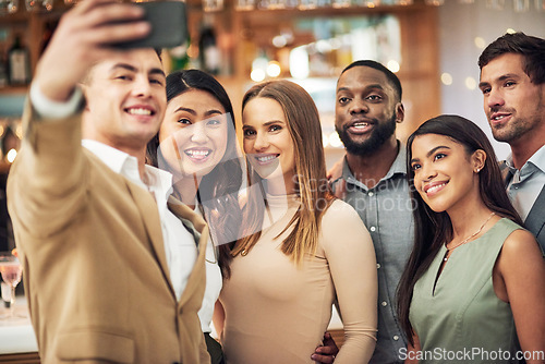 Image of Selfie, dinner party and group of people in restaurant for luxury, formal event and celebration. Profile picture, happy women or friends for valentines update or post on social media in diversity