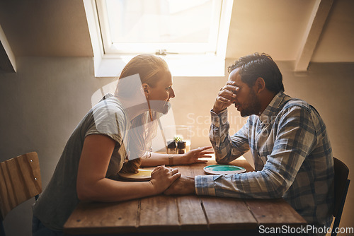 Image of Argue, fight and breakup with a couple in a restaurant, shouting about divorce, cheating or infidelity. Anger, frustrated or unhappy with a man and woman arguing about marriage in a cafe or diner