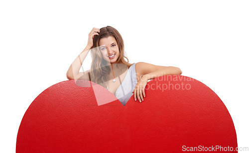 Image of Portrait, heart and mockup with a woman on valentines day in studio isolated on a white background. Love, emoji and romance with a young female posing on blank space for dating or affection