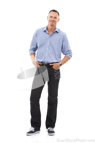 Image of Fashionable, stylish and portrait of a handsome happy man isolated on a white background in studio. Smile, content and mature businessman with corporate fashion, confidence and style on a backdrop